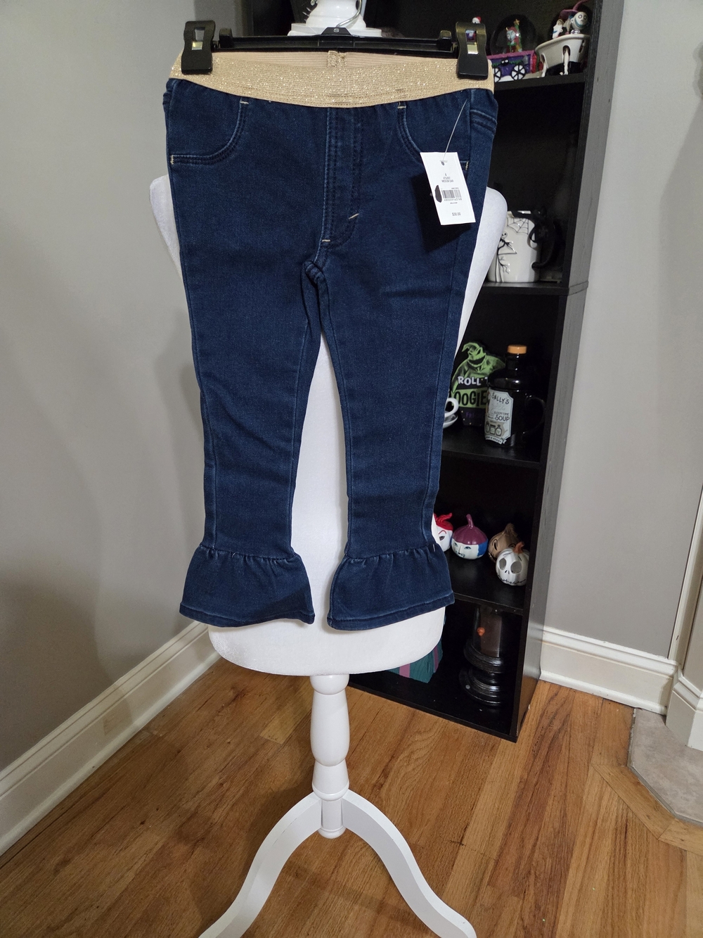 crown & ivy Dark Blue Ruffle Hem Leggings with Gold Waistband